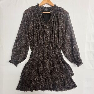 Reset Womens Medium Black Pink Animal Print Pleated Mini‎ Dress Smocked Waist